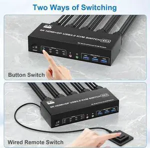 KVM Switch 3 Monitors 4 Computers 8K@60Hz, 2 HDMI +1 Displayport Triple Monitor KVM Switch for 4 PCs Share 3 Monitor and 3 USB 3.0 Ports, with Audio Microphone Output Support Extended and Copy Mode