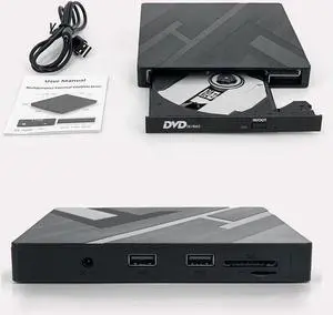 [5 in 1] External CD DVD Drive, USB 3.0 Type C CD/DVD ROM Burner CD DVD +/-RW Optical Disk Drive Reader with 2 USB and TF/SD Slots Slim Portable Writer Player for Windows 11/10/8/7 Linux MacOS (Black)