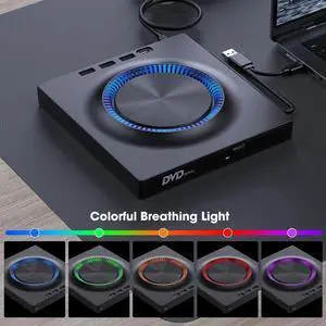 AUTYUE External CD DVD Drive with 3* USB A & 1* USB-C Ports Hub and SD Card Slot, Portable CD/DVD-ROM +/-RW Disk Drive Player Burner Reader Writer for Laptop Mac PC Windows 11/10/8/7 Linux Computer