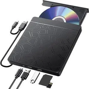 External CD DVD Drive for laptop Windows 11 10, USB 3.0 and Type-C Portable CD DVD +/-RW ROM Drive Reader CD/DVD Burner Rewriter with SD TF Slot & 2x USB Ports, Slim DVD/CD Player for Linux, Mac OS