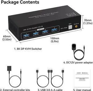 2 Port Dual Monitor Displayport KVM Switch for 2 Computers 2 Monitors Share Keyboard Mouse Printer, Displayport1.4 USB3.0 KVM Switch Support 4K @120Hz 8K @60Hz with 4x USB 3.0 Support Desktop Control