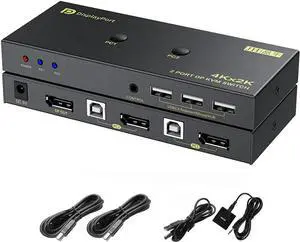 2 Port DisplayPort KVM Switch with USB 2.0 Ports, DP 1.2 4K @60Hz Display Port KVM Switcher Box for 2 Computers Sharing 1 Monitor Keyboard Mouse Peripherals Selector Box with USB Cables