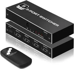 8K HDMI 2.1 Switch, 3X1 HDMI Switch with IR Remote Control, 4K @120hz HDMI Switcher Box 8K@60Hz/4K@30Hz, 48Gbps, Support for Nintendo Switch PS4/PS5, Xbox 360/One Fire tv Stick