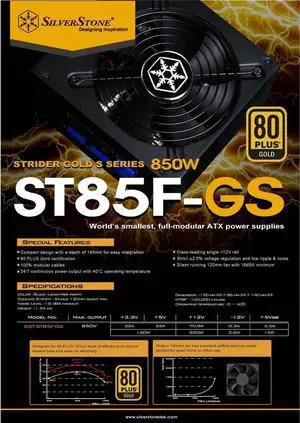 850W, ATX, single +12V rails with 70.9A output, Silent 120mmFan with 18dBA, efficiency 80Plus Gold certification, fully modular cable, 140mm depth, 6x8/6pin PCI-E.