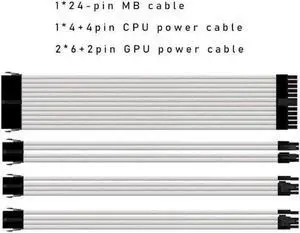 Mod Sleeved Cable, White Power Supply Cable Extension Kit, 24PIN ATX, 4+4 PIN EPS, Dual 6+2 PIN PCIE(11.81")