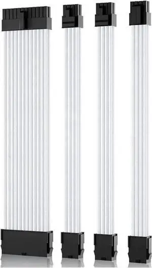 Mod Sleeved Cable, White Power Supply Cable Extension Kit, 30CM long with cable comb ,1x24PIN ATX, 1x4+4 PIN EPS,2x Dual 6+2 PIN PCIE
