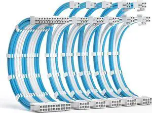 PSU Cable Extension Kit 30CM Length with Combs,1x24Pin/2x8Pin(4+4) EPS/3x8Pin(6P+2P) PCI-E/PC Sleeved for ATX Power Supply,White, All-White White & Blue