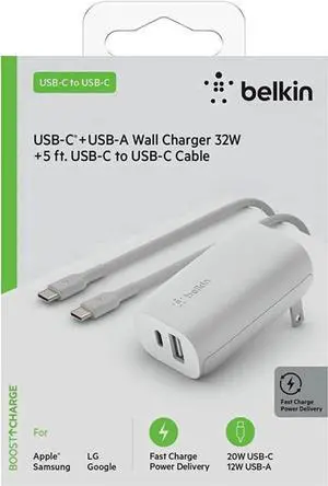 USB C Wall Charger 32W C to C Cable Included PD with 20W USB C & 12W USB A Ports for USB-C Power Delivery