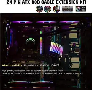 Pccooler Power Supply Sleeved Cable, Customization 24 Pin Atx Rgb Cable Extension Kit 16Awg, 5V 3Pin Synchronized Psu Cable For Rgb Software From All Major Motherboard Cable Management