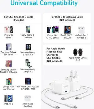 2 Pack USB C Charger with USB C Cable 20W USB C Charger Block for iPhone 16/15 and More Series Galaxy Pixel iPad (2 Pack & 2 Cable)