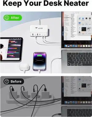 USB C Fast Charger 100W USB C Charger Block GaN 6 Port USB C Fast Charging Station Hub Block Cube PD USB C and QC USB A Wall Charger Multiple USB Charger for iPhone 15 16 Pro Max MacBook