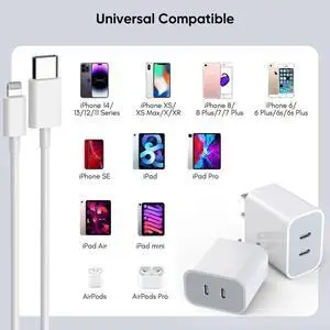iPhone Charger [Apple Certified] 2Pack PD Dual USB C Charger Block Fast Charging Wall Charger Plug with 10FT Long Rapid Type C - Lightning Cable Apple Charger for iPhone 14/13/12/11 Pro/XS/XR/SE iPad