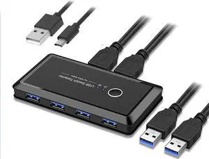 USB 3.0 Sharing Switch Selector 4 Port 2 Computers Peripheral Switcher Adapter Hub for PC, Printer, Scanner, Mouse, Keyboard with One Button Swapping and 2 Pack USB Male Cable