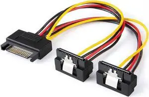 Power Cable 6-Inch SATA 15 Pin Male to 2xSATA 15 Pin Down Angle Female Power Splitter Cable HDD Hard Drive Cable