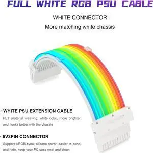 RGB PSU Cables,ARGB Motherboard Power Supply Cable,24 Pin Sleeved Cable Extension Kit,Strimer Extension Cable Kit 5V 3Pin Synchronized,Customed White PC Chassis(White Connector A Style)