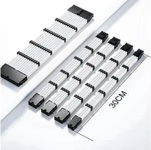 Mod Sleeved Cable, White Power Supply Cable Extension Kit, 24PIN ATX, 4+4 PIN EPS, Dual 6+2 PIN PCIE, 6 PIN PCI-E