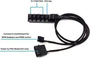 1 to 5 Ports 4 pin PWM Fan Hub Splitter - PWM Regulator 12V CPU Cooler / Case / Chasis Cooling Fan Power Cable Adapter Power By PSU Molex 4pin(12V ),40CM Power Cable included