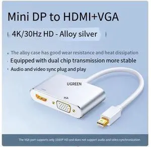 MiniDP to(HDMI+VGA4K30Hz/1080P60Hz)- Silver suitable for Apple Computer converter projector port macbook pro/air HD surface connected to laptop TV lightning adapter cable
