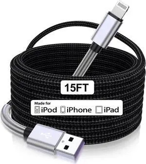 15 FT Extra Long iPhone Charger Cord [Apple MFi Certified] Long Apple Lightning Cable 5M 2.4A Nylon Braided iPhone Fast Charging Cord for iPhone 14/14pro/13/12/11/11Pro/X/XS/XR/XS Max/8/7
