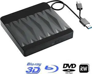 External Blu Ray Drive, USB 3.0 and Type-C External Blu Ray Burner Portable Blu Ray DVD/CD/BD Player, 3D Optical Bluray CD DVD Drive Compatible with Windows XP/7/8/10/11 MacOS Laptop Desktop