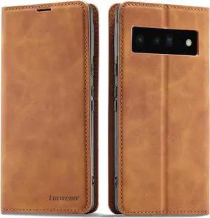 Case for Google Pixel 6 5G 6.4 inch Premium PU Leather Cover with Card Holder Kickstand Shockproof Flip Wallet Cover Brown