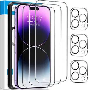 [3+3 Pack] iPhone 14 Pro Max 6.7 Inch Screen Protector with Camera Lens Protector, 9H Shatterproof Tempered Glass Film with Easy Installation Frame, HD Clear Sensitive Full Coverage