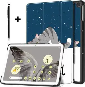 Google Pixel Tablet Case 11 Inch 2023, Slim Stand Protective Case Smart Folio Cover with 2 in 1 Stylus Pen Lazy Cat