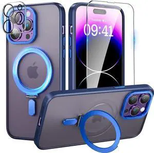 Magnetic Protective Case for iPhone 14 Pro Max with Invisible Stand,[Compatible with Mag Safe][Translucent Matte Case][Tempered Glass Screen Protector + Camera Lens Protector] 6.7 Inch Blue