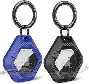 2 Pack IPX8 Waterproof Airtag Holder (TPU&Clear PC Double Protection), Anti-Scratch Shockproof AirTag Case with Carbon Fiber Texture Keychain,Inner and Outer TPU Bumpers for Apple AirTag