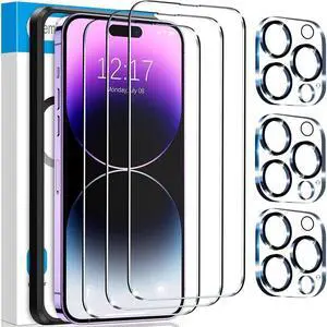 [3+3 Pack] iPhone 15 Pro Max 6.7 Inch Screen Protector with Camera Lens Protector, 9H Shatterproof Tempered Glass Film with Easy Installation Frame, HD Clear Sensitive Full Coverage