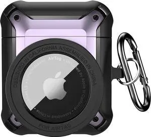 Compatible Airpods 3 Case and AirTags Case Cover, 2 in 1 Rugged Protective Airpods 3rd Generation Case for Men Women with Keychain Shockproof Skin for Airpods 3 Gen and Airtags Purple