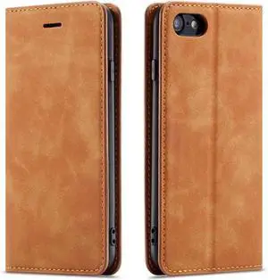 for iPhone 16e Case, Premium PU Leather Cover TPU Bumper with Card Holder Kickstand Hidden Magnetic Adsorption Shockproof Flip Wallet Cover Brown