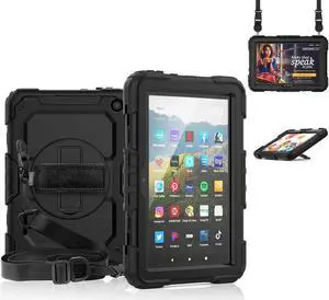 Case for Fire HD 8 2020 & Fire HD 8 Plus 2020 Heavy Duty Protective Shockproof Cover with Hand Strap, Shoulder Strap, Kickstand for Amazon Kindle Fire HD 8 & Fire HD 8 Plus 8 inch Tablet 2020 Release