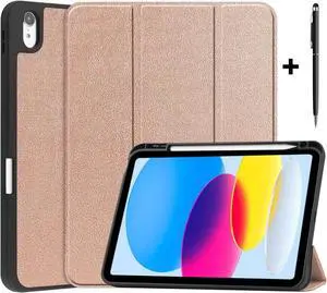 Case Compatible with iPad 10th Generation 10.9 Inch 2022 with Pencil Holder, Protective Stand Cover with Soft TPU Back, Auto Sleep/Wake with Universal Stylus Pen Rose Gold