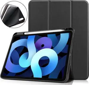 Case for New iPad Air 5 Air 4 10.9 Inch 2022 2020 5th 4th Generation with Pencil Holder, Lightweight Soft TPU Back and Trifold Smart Protective Cover with Auto Sleep/ Wake Black