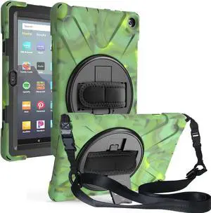 Case for Amazon Kindle Fire HD 8 2020 / Fire 8 Plus 2020 - 10th Generation 2020 Released - Shockproof Protective Cover with Built-in Kickstand Hand Strap & Shoulder Strap Camo