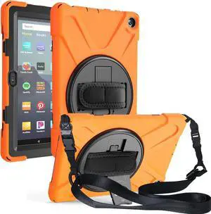 Case for Amazon Kindle Fire HD 8 2020 / Fire 8 Plus 2020 - 10th Generation 2020 Released - Shockproof Protective Cover with Built-in Kickstand Hand Strap & Shoulder Strap Orange