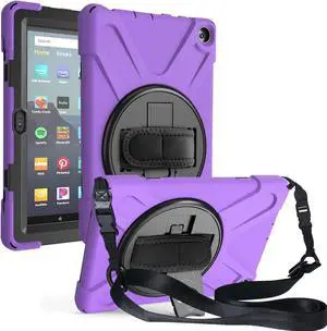 Case for Amazon Kindle Fire HD 8 2020 / Fire 8 Plus 2020 - 10th Generation 2020 Released - Shockproof Protective Cover with Built-in Kickstand Hand Strap & Shoulder Strap Purple