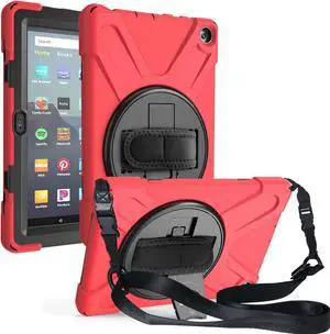 Case for Amazon Kindle Fire HD 8 2020 / Fire 8 Plus 2020 - 10th Generation 2020 Released - Shockproof Protective Cover with Built-in Kickstand Hand Strap & Shoulder Strap Red