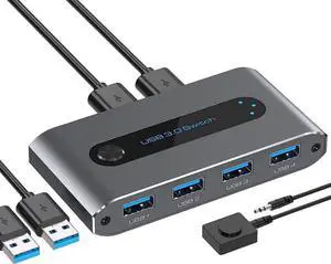 USB 3.0 Switch, 2 in 4 out USB 3.0 Switch, USB KVM Switcher 2 Computer Sharing 4 USB Devices with Wire Desktop Controller and 2 Pack USB 3.0 A-A Cable