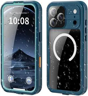 for iPhone 17 Pro Max Waterproof Case Compatible with MagSafe, Magnetic Waterproof Full Body IP68 Underwater Case Built-in Screen Protector Military Shockproof Phone Cover with Lanyard Blue