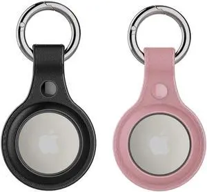 [2 Pack] Airtag Holder Waterproof & Airtag Keychain Leather, Air Tag Case Protective Tracker with Loop Key Ring for Apple AirTags, Airtag Cover for Wallet,Luggage,Cat,Dog,Pets Black/Pink