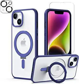 For iPhone 14 / iPhone 13 6.1 inch Case with Magnetic Invisible Stand [Compatible with Magsafe] Shockproof Slim Translucent Matte Cover [Tempered Glass Screen Protector + Camera Lens Protector] Blue