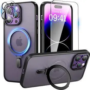 For iPhone 14 Pro Case with Magnetic Invisible Stand [Compatible with Magsafe] [Tempered Glass Screen Protector + Camera Lens Protector] Shockproof Slim Translucent Matte Cases for iPhone 14 Pro 6.1"