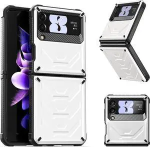 For Samsung Galaxy Z Flip 3 5G 6.7 inch 2021 Case with Slide Camera Cover, Military Grade Heavy Duty Protective Armor Phone Case Shockproof Cover White