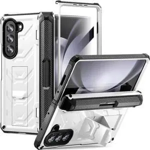 For Samsung Galaxy Z Fold 5 Case with S Pen Holder Built-in Kickstand & Screen Protector, 360° Full-Body & Hinge Protection Rugged Heavy Duty Phone Cover for Galaxy Z Fold 5 2023 White
