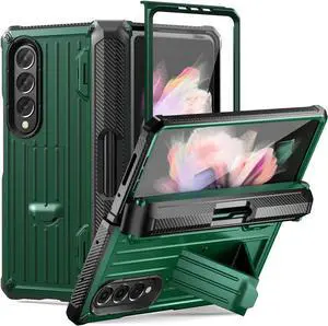 Case for Samsung Galaxy Z Fold 3 5G 2021, Military-Grade Full-Body Shockproof Rugged Bumper Case Cover with Built-in Screen Protector & Kickstand & S Pen Slot Army Green