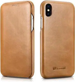 iPhone Xs MAX Leather Case Genuine Vintage Leather Flip Folio Opening Cover in Curved Edge Design Slim Thin Side Open Case for iPhone Xs MAX 6.5 Inch Khaki