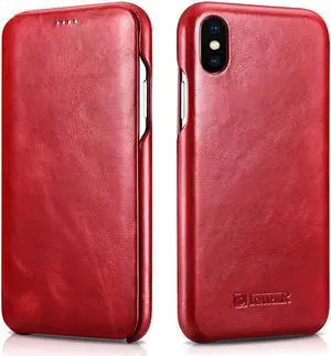 iPhone Xs MAX Leather Case Genuine Vintage Leather Flip Folio Opening Cover in Curved Edge Design Slim Thin Side Open Case for iPhone Xs MAX 6.5 Inch