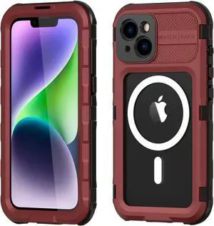 iPhone 14 Plus 6.7 inch Waterproof Case, MagSafe Compatible, Built-in Screen Protector IP68 Underwater Dustproof 360 Full Body Shockproof Protective Cover Red